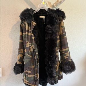 Camouflage Faux Fur Trim Parka